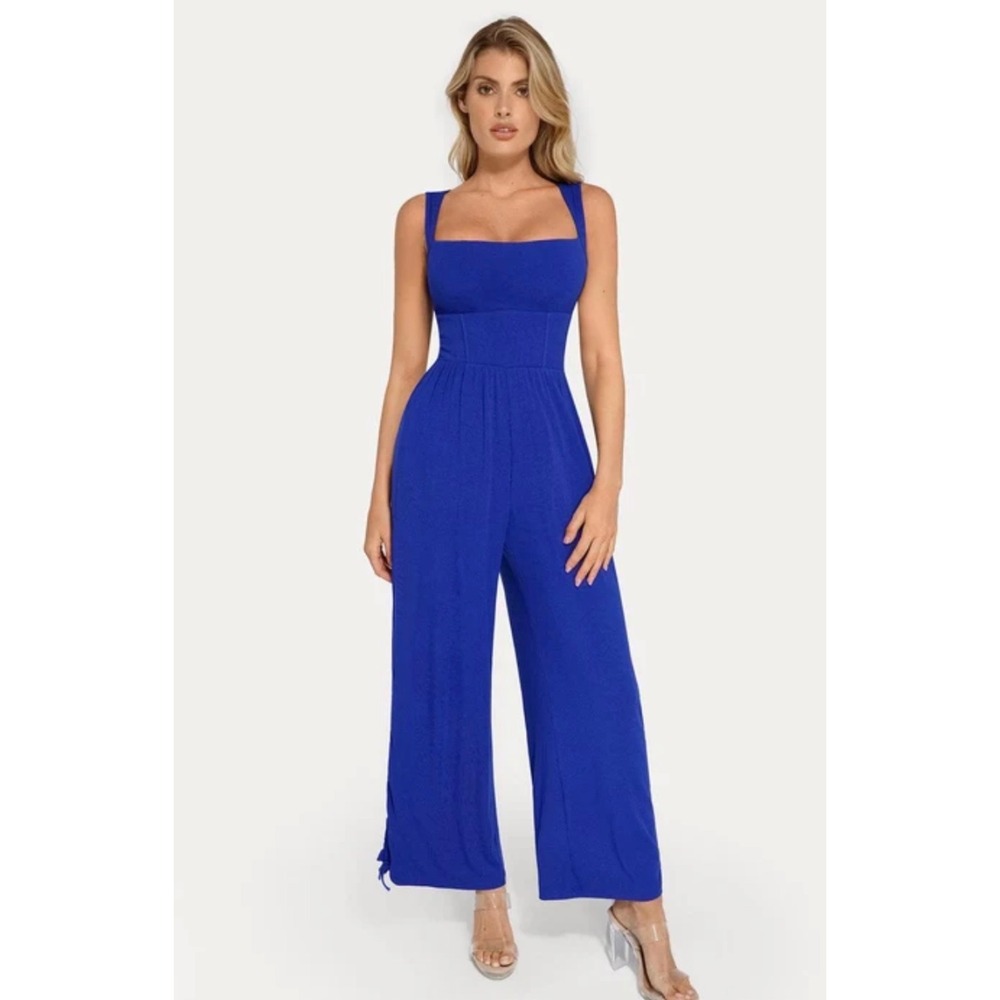Popilush Ribbed Shapewear Jumpsuit Womens Medium Blue Ruched Corset Bodice Tank